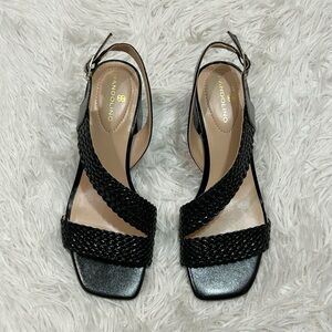 Bandolino Sandals Women’s 5.M black Faux Leather Weaved Slingback Missy Open Toe